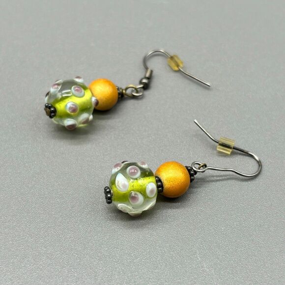 Lampwork Art Glass Earrings Yellow Green Purple Polka Dot Handmade Dangle Drop - Picture 2 of 7